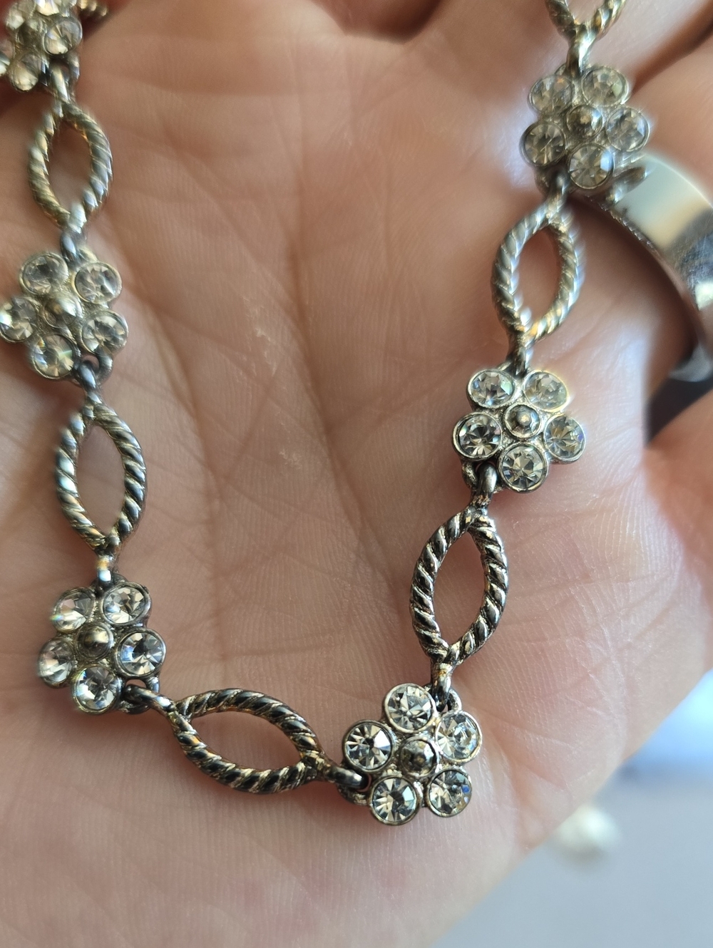 Trifari Silver Tone Clear Crystal Floral Link Necklace